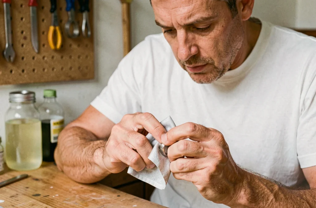 Homme polissant une bague en argent avec un chiffon spécial pour éviter les erreurs de nettoyage