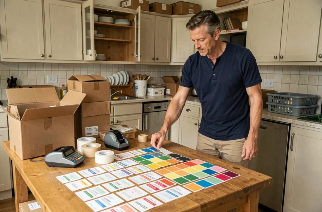 Homme organisant un système d'étiquetage par couleur pour des cartons de déménagement sur une table de cuisine