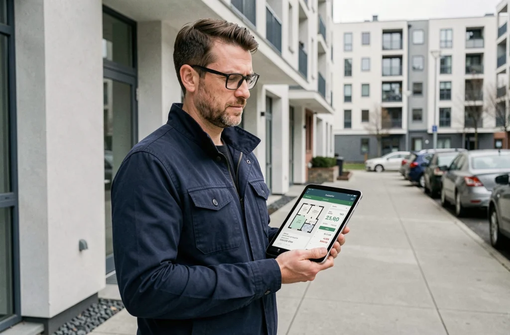 Homme debout devant un immeuble résidentiel consultant une application immobilière sur tablette pour évaluer un bien