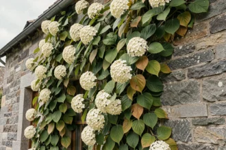 Mur en pierre d'une maison de campagne recouvert d'hortensias grimpants en fleurs, transformant la façade extérieure