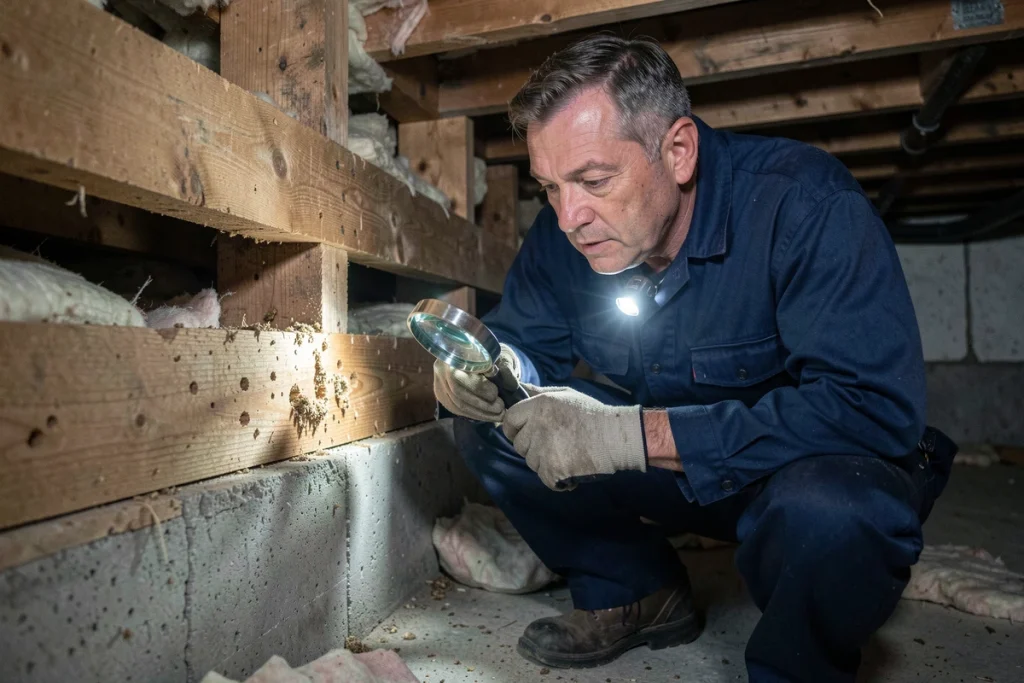 Expert en diagnostic bois inspectant des solives infestées par le capricorne des maisons dans un vide sanitaire avec une loupe