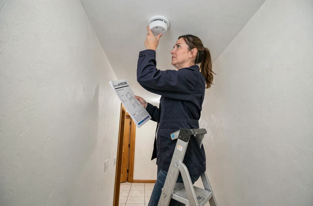 Femme installant un détecteur de fumée au plafond d'un couloir selon les normes de sécurité incendie