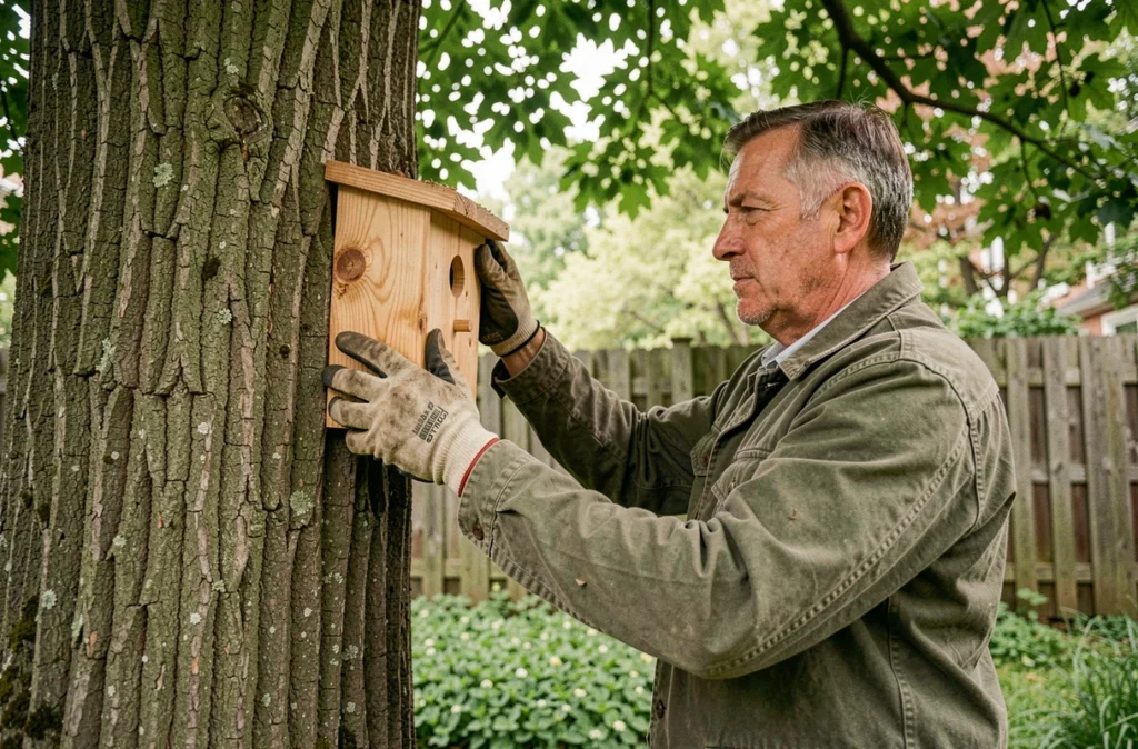Homme installant un nichoir artisanal sur un tronc de chêne dans son jardin au printemps