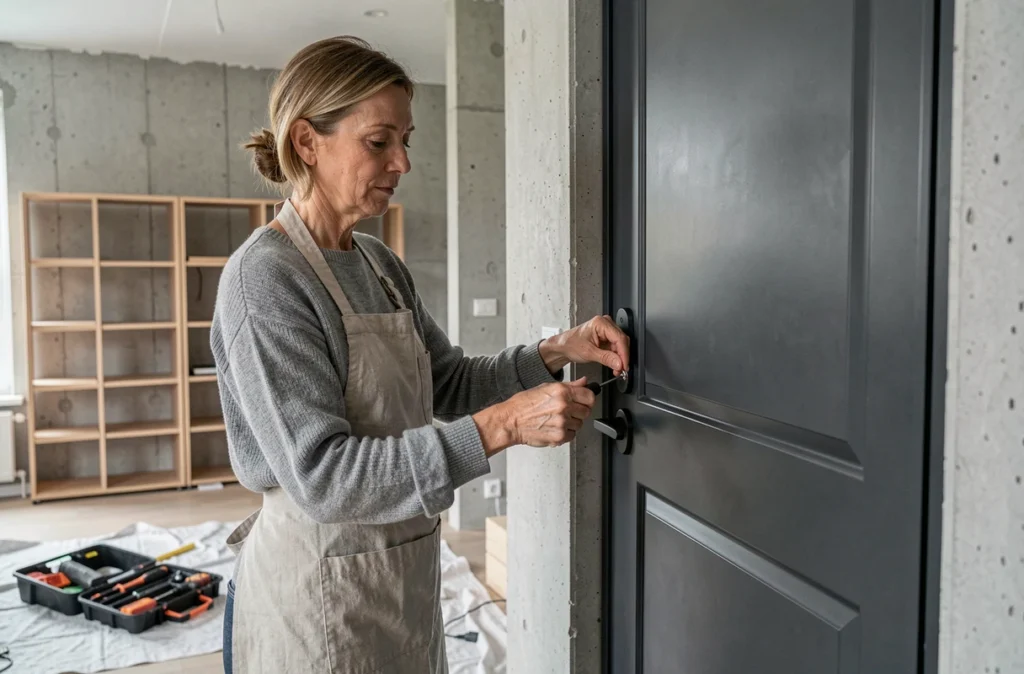 Femme installant une poignée de porte noire mate dans un salon contemporain en rénovation