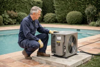 Technicien installant une pompe à chaleur pour piscine dans un jardin résidentiel