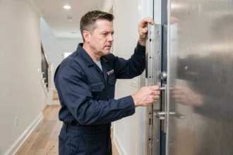 Technicien en train d'installer une porte blindée dans l'entrée d'une maison moderne