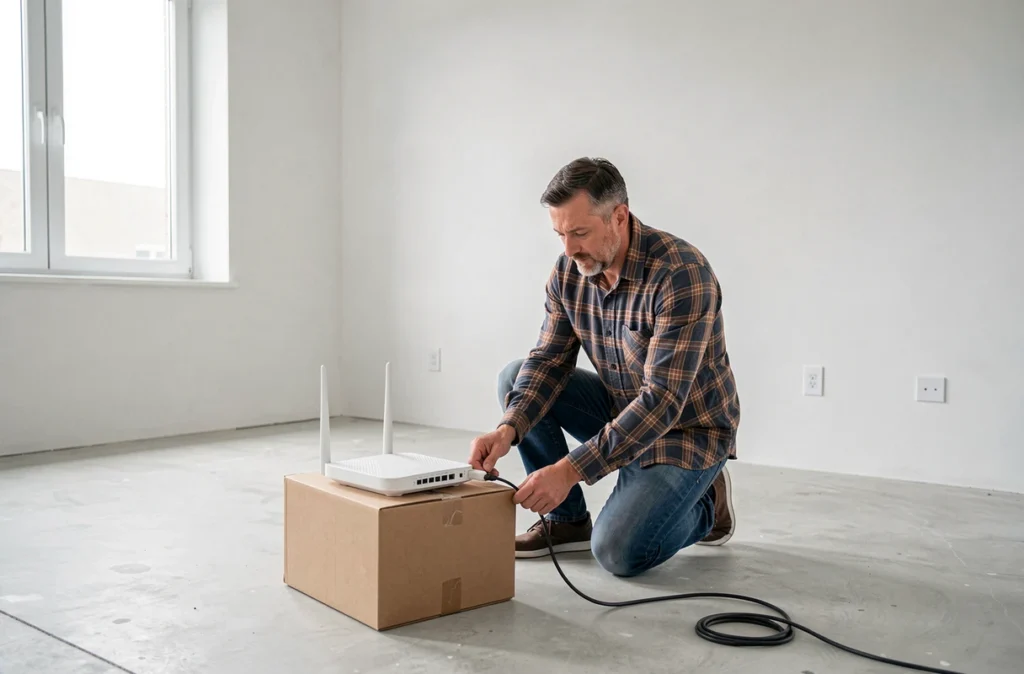 Homme installant un routeur internet dans un appartement vide lors d'un emménagement