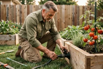 Homme installant un système d'arrosage automatique goutte-à-goutte dans un jardin résidentiel
