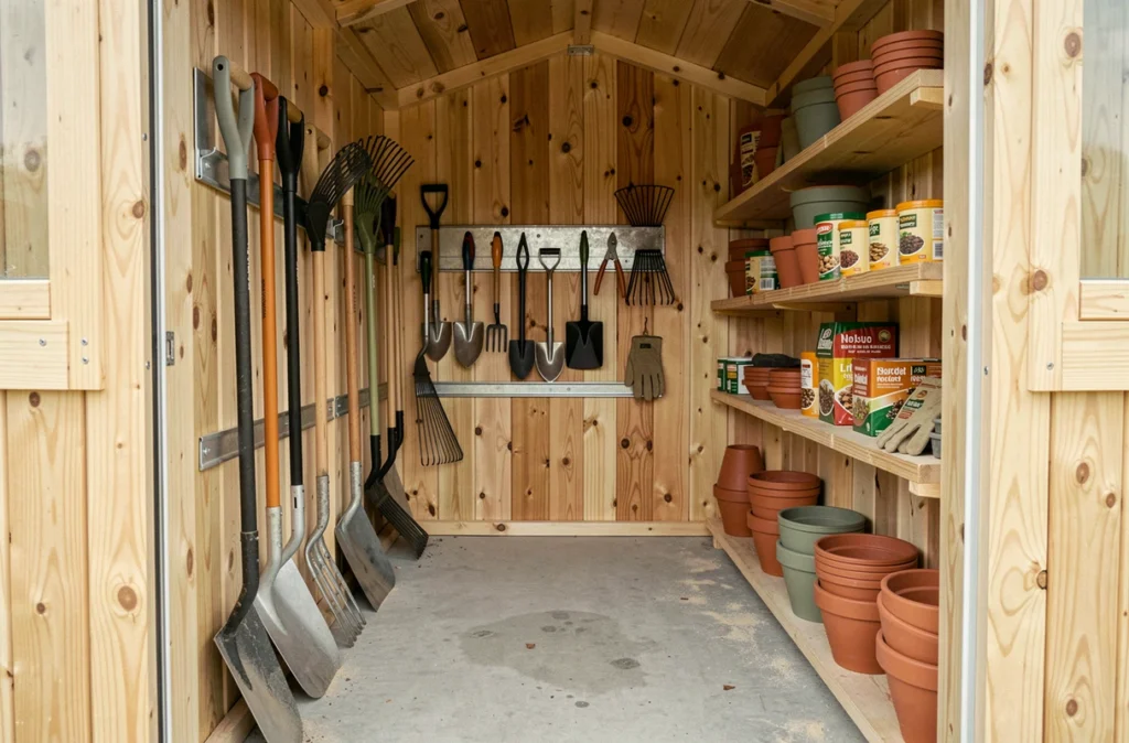 Intérieur organisé d'un abri de jardin avec rangement d'outils et étagères en bois