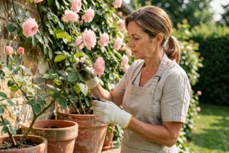 Jardinière inspectant des roses infestées de pucerons dans un jardin résidentiel