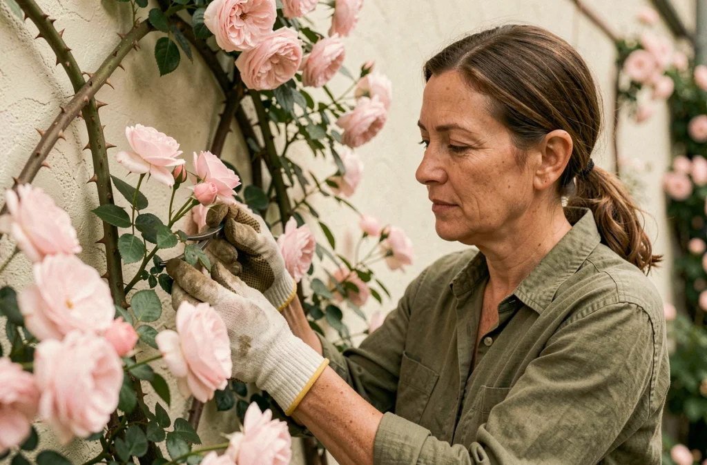 Jardinière formant les tiges d'un rosier grimpant sur un mur de jardin urbain recouvert de roses roses
