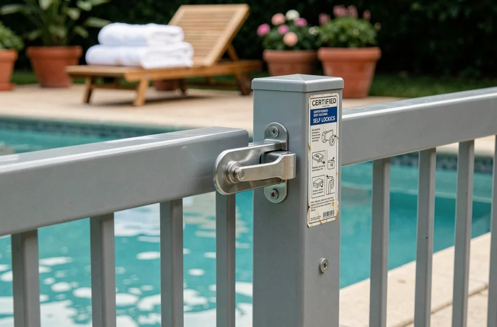 Gros plan sur un loquet de portillon de piscine sécurisé avec fermeture automatique certifiée