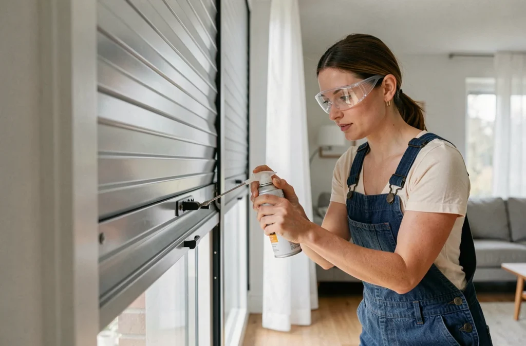 Femme lubrifiant les rails de guidage d'un volet roulant intérieur dans un salon moderne, inspection et entretien des mécanismes
