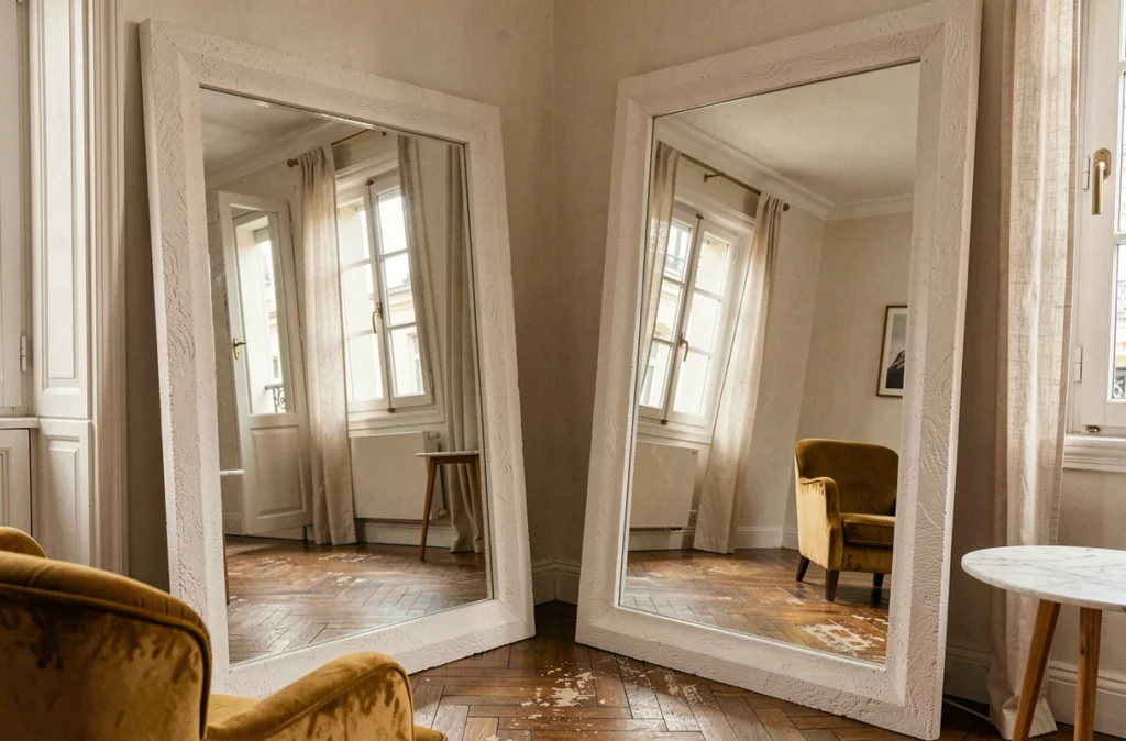 Miroir grand format sur pied à cadre en plâtre brut dans un salon de style parisien agrandissant la pièce