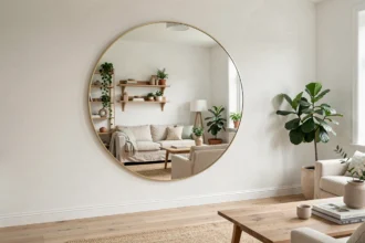 Grand miroir rond à cadre laiton dans un salon scandinave lumineux agrandissant visuellement l'espace