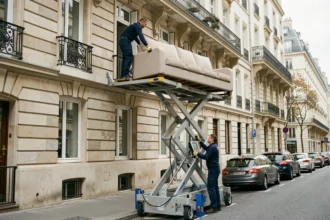 Deux déménageurs professionnels utilisant un monte-meuble pour descendre un grand canapé depuis un appartement haussmannien à Paris