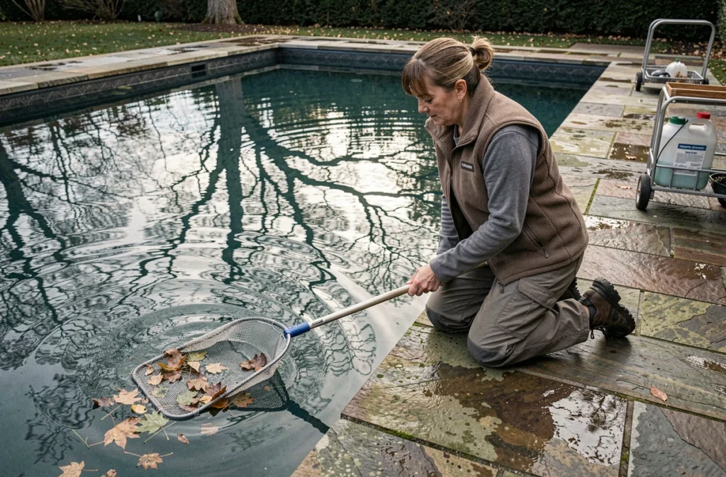 Femme retirant les feuilles mortes d'une piscine extérieure pendant la période hivernale