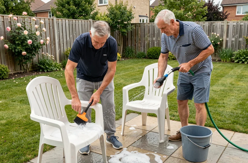 Couple nettoyant des chaises de jardin en résine blanche avec une brosse et un tuyau d'arrosage sur une terrasse avant l'été
