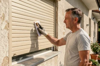 Homme entretenant un volet roulant en PVC sur la façade d'une maison individuelle, nettoyant les lames avec un chiffon et une brosse