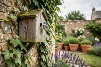Nichoir en bois installé sur un mur de jardin avec une mésange bleue à l'entrée, entouré de lavande et de lierre