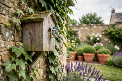 Nichoir en bois installé sur un mur de jardin avec une mésange bleue à l'entrée, entouré de lavande et de lierre