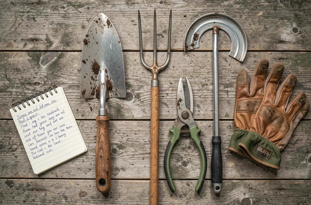 Vue aérienne d'une sélection d'outils essentiels pour l'entretien de la pelouse