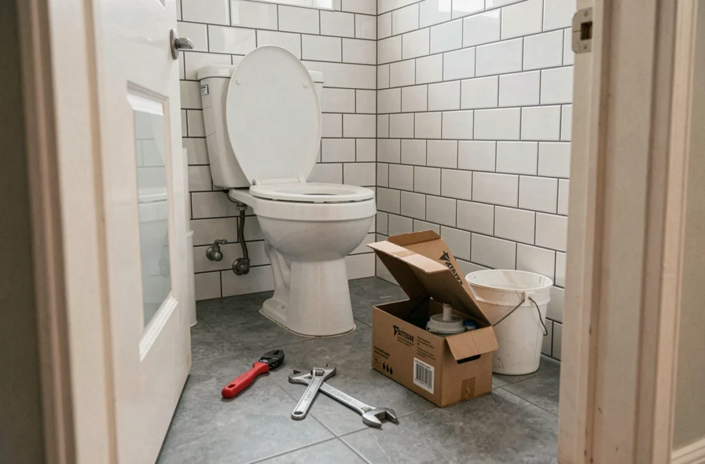 Vue d'ensemble d'une salle de bain avec réservoir de chasse d'eau ouvert et outils de plomberie posés au sol