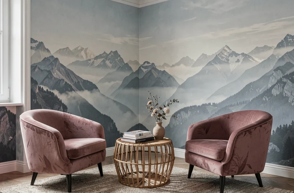 Appartement parisien avec papier peint panoramique paysage montagneux en bleu-gris et fauteuils en velours rose poudré