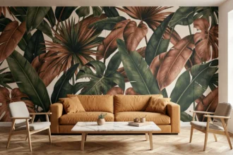 Salon moderne avec papier peint panoramique botanique à grandes feuilles tropicales vertes et terracotta sur mur accent
