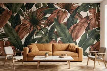 Salon moderne avec papier peint panoramique botanique à grandes feuilles tropicales vertes et terracotta sur mur accent
