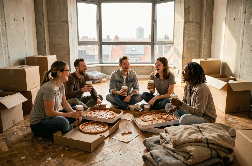 Pause déjeuner conviviale entre amis pendant un déménagement participatif dans un appartement vide
