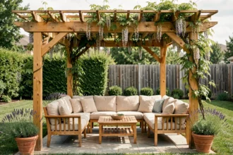 Pergola en bois avec salon de jardin confortable et végétation grimpante dans un jardin résidentiel