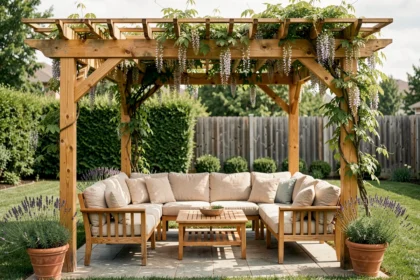 Pergola en bois avec salon de jardin confortable et végétation grimpante dans un jardin résidentiel
