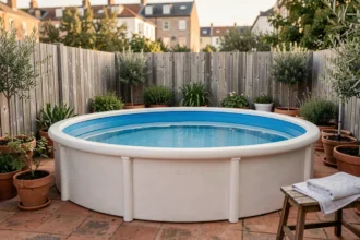 Piscine hors sol ronde installée dans un petit jardin urbain avec dallage en pierre et plantes en pot