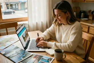 Femme planifiant un voyage pas cher sur son ordinateur portable avec des brochures de voyage et une carte sur la table