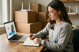 Femme planifiant la coupure internet et la mise en service dans un nouveau logement en consultant son ordinateur portable