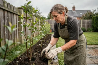 Femme plantant une haie de charmes le long d'une clôture en bois pour créer une intimité dans son jardin