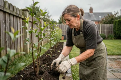 Femme plantant une haie de charmes le long d'une clôture en bois pour créer une intimité dans son jardin