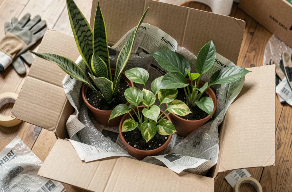 Plantes vertes emballées dans un carton avec du papier journal pour un déménagement