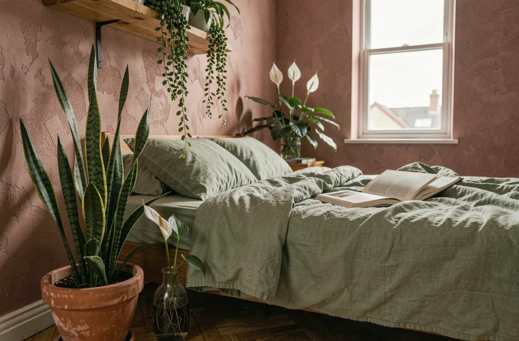 Coin chambre d'appartement décoré de plantes vertes purifiantes avec linge de lit en lin et atmosphère reposante
