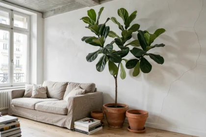 Grand figuier lyré dans un salon parisien avec parquet clair, plantes vertes en pot et ambiance naturelle d'appartement moderne