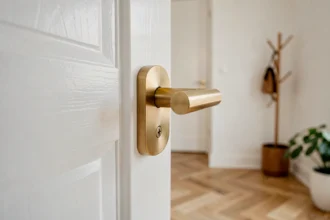 Poignée de porte en laiton brossé sur une porte blanche dans un couloir scandinave moderne