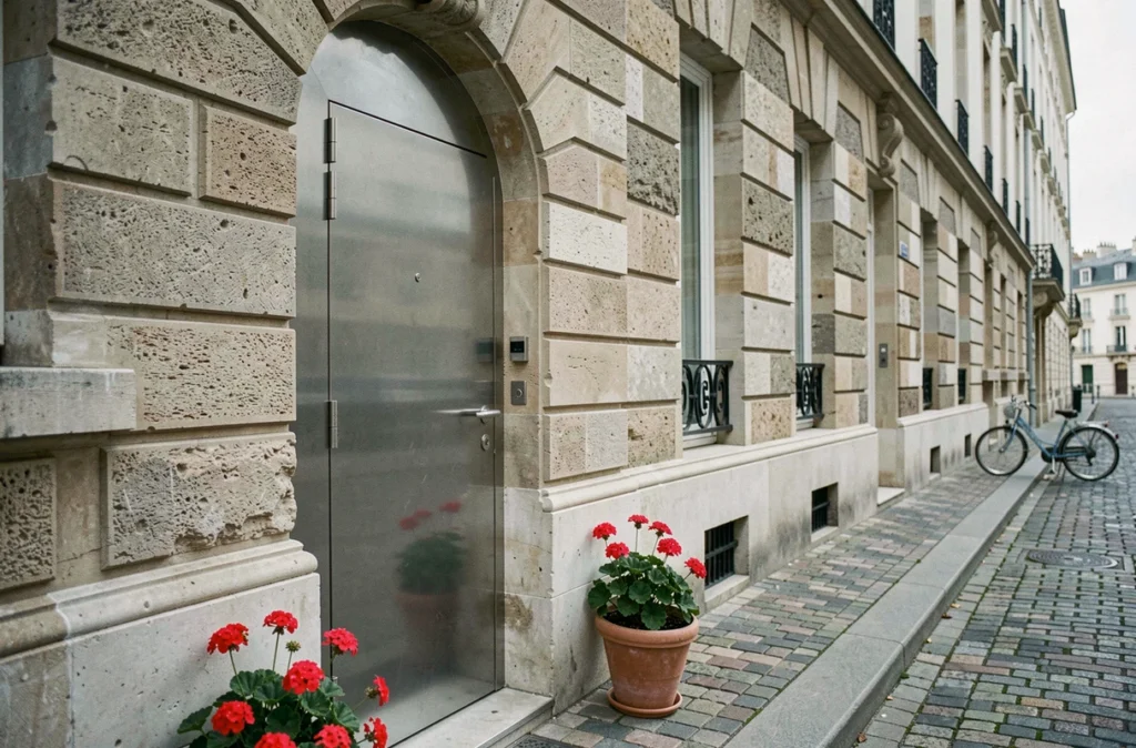 Porte blindée en acier installée sur la façade d'un immeuble résidentiel urbain parisien