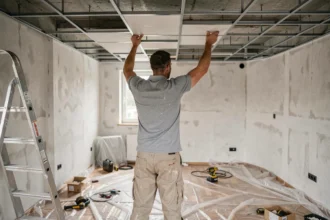 Artisan en train de poser un faux plafond dans une pièce en rénovation, illustrant le prix de pose au m2 sans fourniture