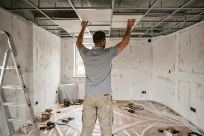 Artisan en train de poser un faux plafond dans une pièce en rénovation, illustrant le prix de pose au m2 sans fourniture