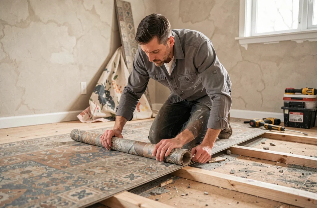 Homme posant lui-même du linoléum sur un parquet brut lors d'une rénovation intérieure économique