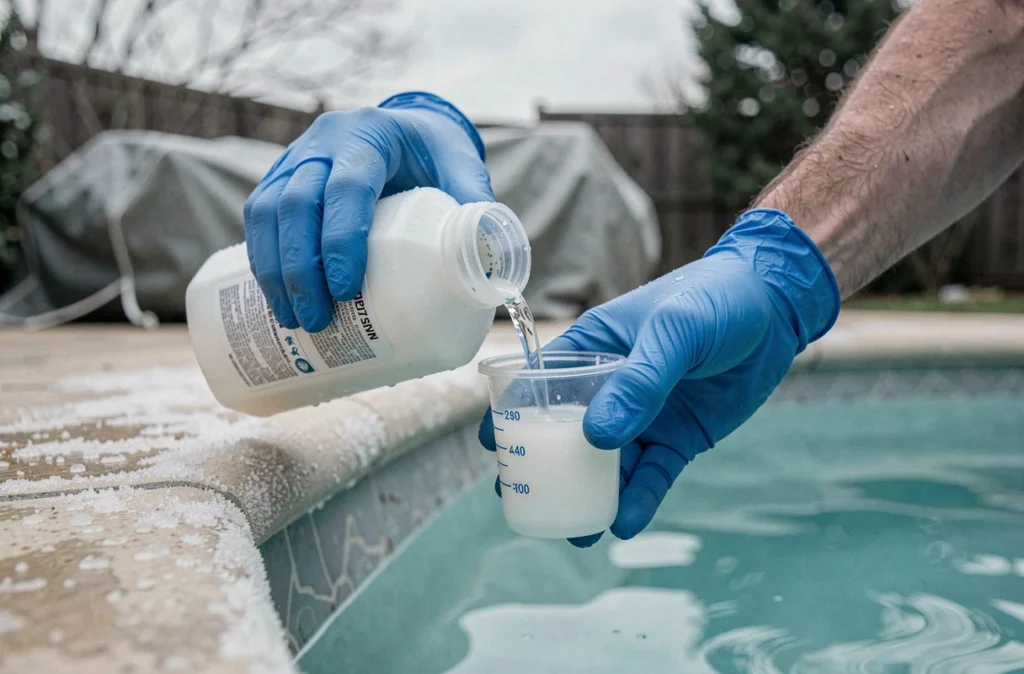 Ajout de produits hivernants dans une piscine extérieure pour protéger l'eau en hiver