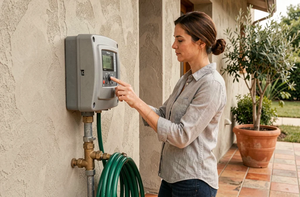 Femme programmant un minuteur de système d'arrosage automatique sur la façade d'une maison