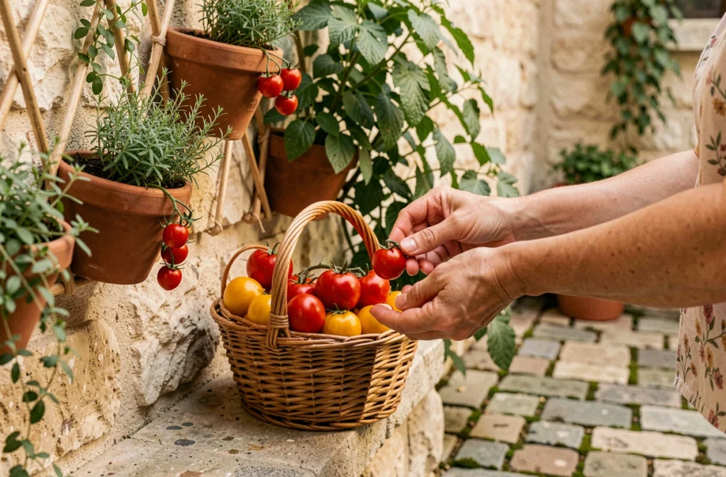 Mains récoltant des tomates cerises dans un jardin potager vertical en cour intérieure urbaine