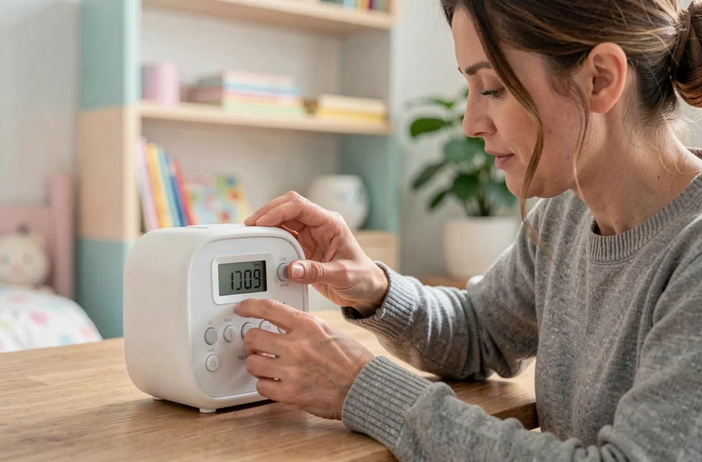 Mère réglant les paramètres d'un réveil lumineux pour enfant sur un bureau en bois dans une chambre d'enfant